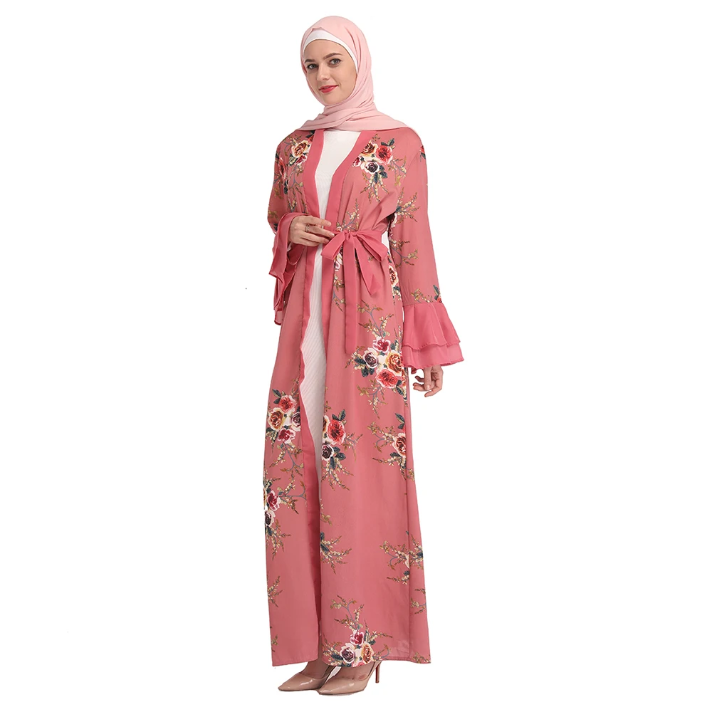 

Muslim Print Chiffon Abaya Floral Full Dresses Cardigan Kimono Long Robe Gowns Vestidos Middle East Ramadan Turkish Islamic
