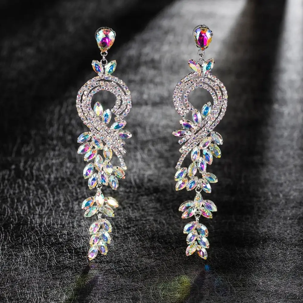 

Charm Female Big Leaf Drop Earrings Crystal Silver Rainbow Rhinestone Earrings Boho Long Dangle Wedding Earrings For Women
