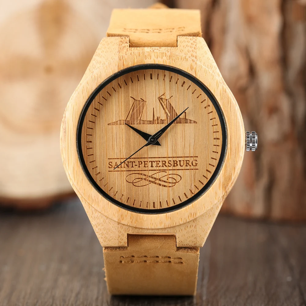 

Novel Quartz Women Bamboo Watch Genuine Leather Band Simple Nature Creative Men Watches Saint Petersburg Clock 2018 New Arrival