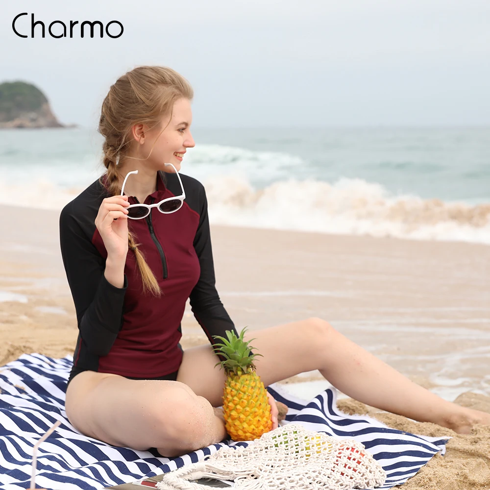 Charmo النساء طويلة الأكمام الجبهة زيبر Rashguard قميص ملابس السباحة خليط ملابس السباحة تصفح أعلى المشي قميص طفح الحرس UPF50 +
