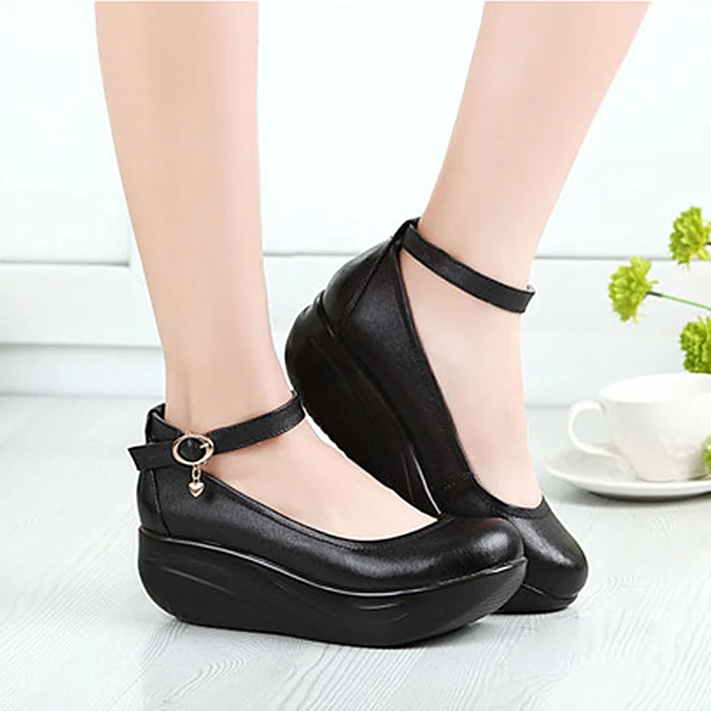 Leather Women Toning Shoes Platform Wedge Thick Soles Women Height Increasing Swing Shoes Single 34-43 Plus Size SWYIVY