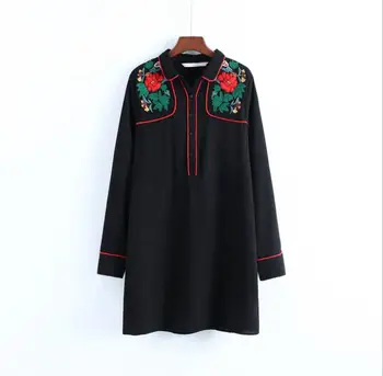 

Blossoms Embroidered Shirt Dress Women's European and American Style Fall/Winter 2017 New free shipping