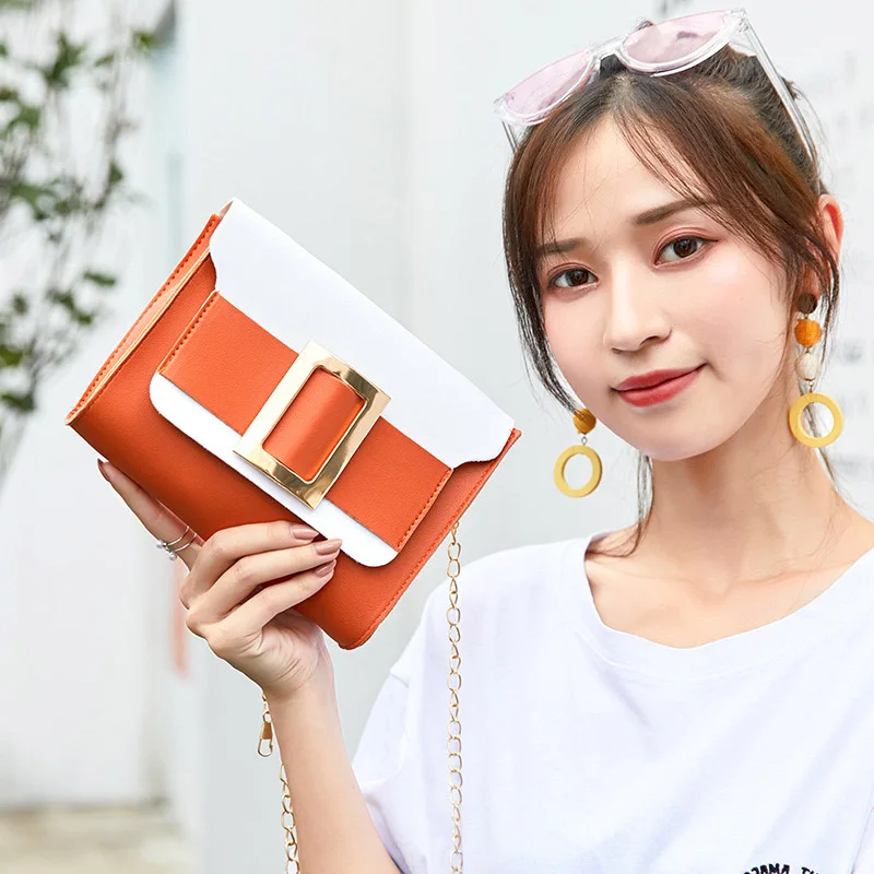 

2019 New Style Color Matching Big Pin Buckle Ladies Crossbody Single Shoulder Mobile Phone Square Bags