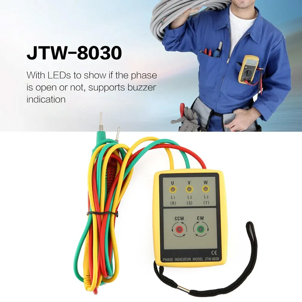 JTW JTW-8030 Портативный 3 чередования фаз метр Цифровой мультиметр присутствие вращения тестер фазы индикатор детектор метр светодиодный зуммер