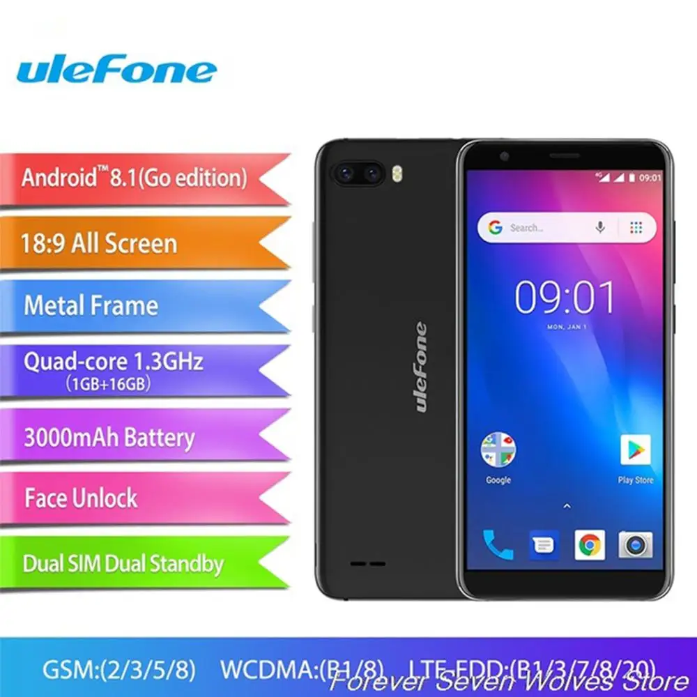 

Ulefone S1 Pro Mobile Phone 5.5 inch 1GB RAM 16GB ROM 18:9 MTK6739 Quad Core 13MP+5MP Face Unlock Android 8.1 4G Smartphone