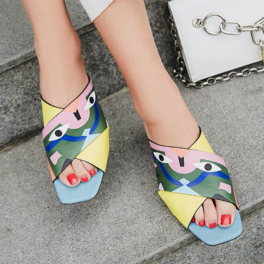 

MUQGEW Women's sandals Summer Printing 2019 Sexy Comfortable Muti color Cross Slip ON Fashion Party PU Slipper zapatos de mujer