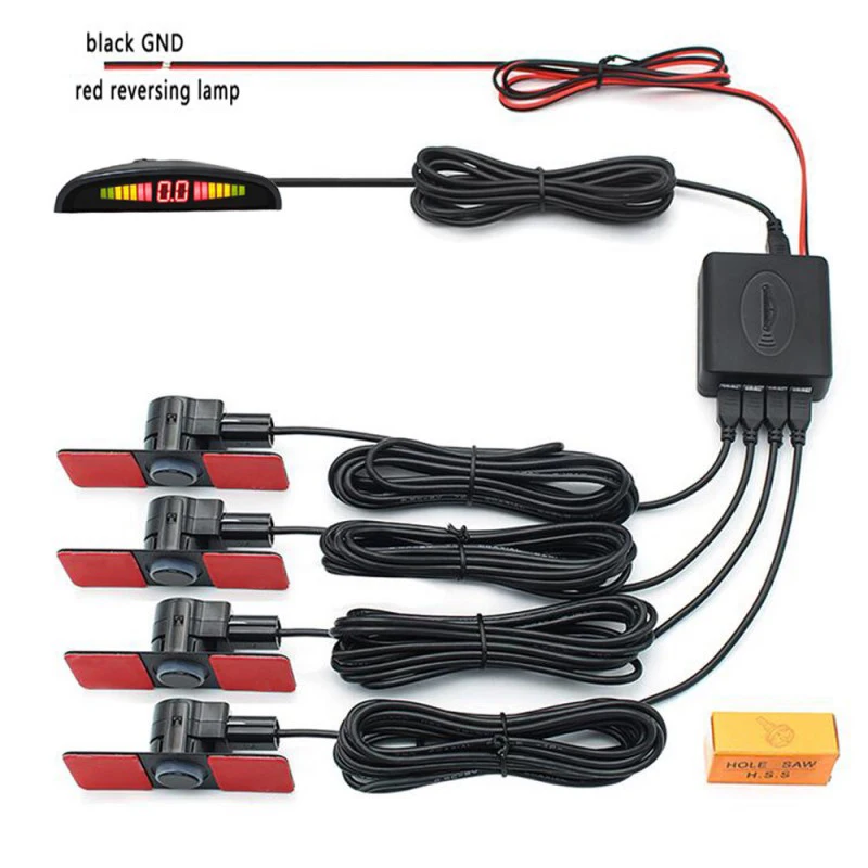 

Car Parking Sensors 4 Black Flat Sensors Reverse Backup Radar Sound Buzzer Alarm Adjustable Sound