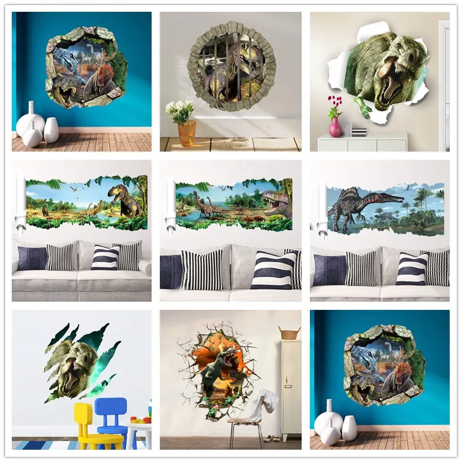 

% 3d dinosaurs through the wall stickers jurassic park home decoration diy cartoon kids room wall decal movie mural art Poster