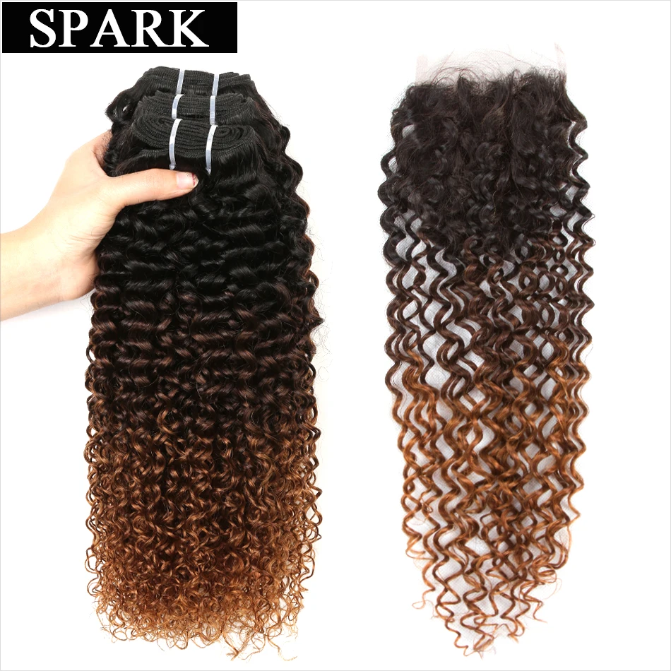 SPARK Ombre Brazilian Kinky Curly Weave Human Hair Bundles with Lace Closure Free Part T1B/4/30 Remy Hair 3 Bundles with Closure SPARK Ombre Brazilian Kinky Curly Weave Human Hair Bundles with Lace Closure Free Part T1B/4/30 Remy Hair 3 Bundles with Closure