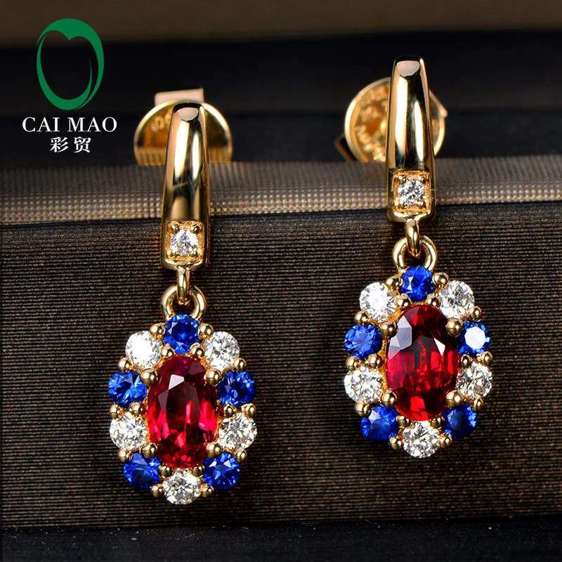 Caimao 0.72ct Red Ruby Earrings with Round Diamond Sapphire 14k Yellow Gold Exquisite Dangle