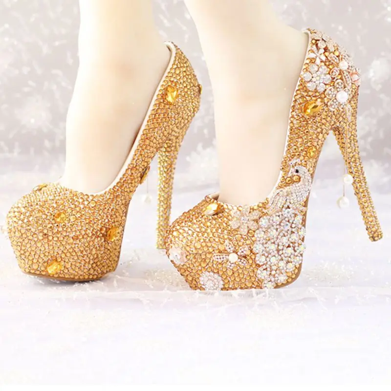 Gold Phoenix Rhinestones Women Wedding Shoes Gold Light Flashing Stage