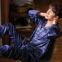 Новое поступление Демисезонный длинные Для Мужчин's имитировать шелк пижамный комплект отложной воротник кардиган, большие размеры L-3XL мужской Домашняя одежда Костюмы