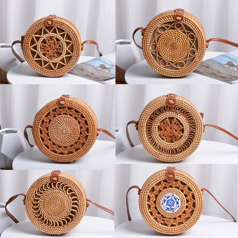 20cm Big Size Handmade Circle Chinese Bowknot Women Rattan Bags Spiral Style Hollow Out Flowers Female Shoulder Bags B380