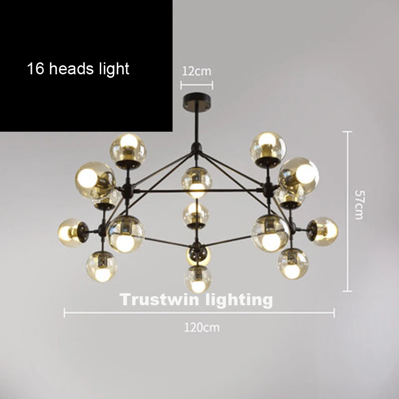 16 headed light Американский промышленный Лофт MODO люстра светильник светодиодный светильник черный железный Янтарный стеклянный глобус светодиодный светильник-люстра винтажный светодиодный светильник - Цвет абажура: 16 headed light
