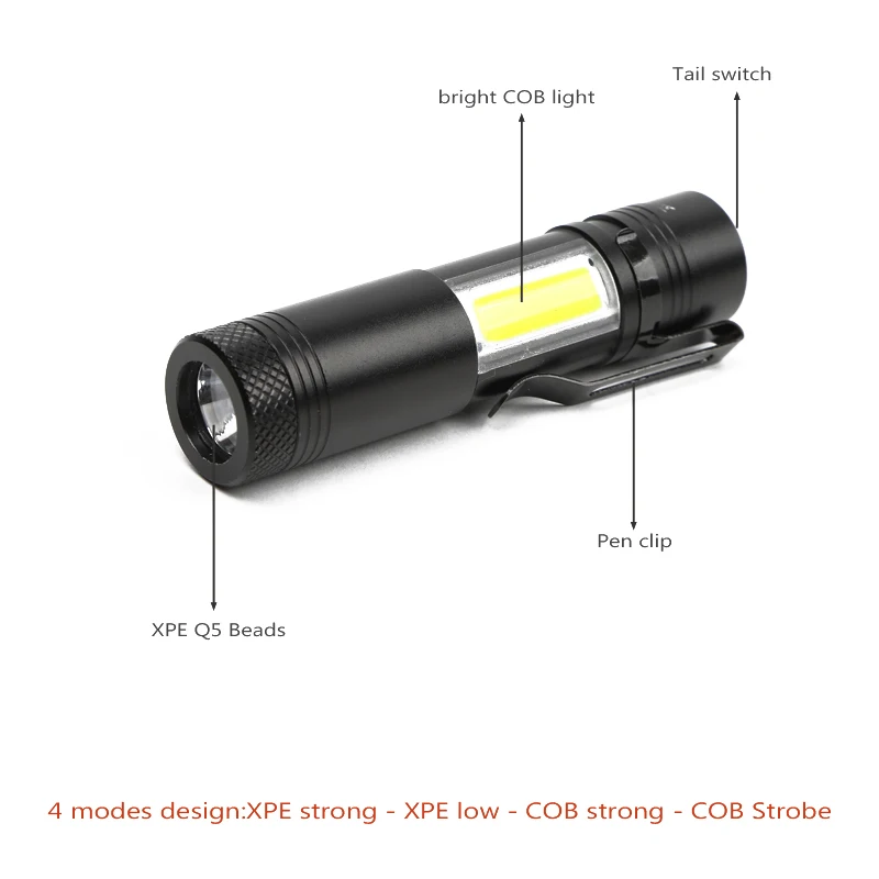 Абсолютно портативный мини алюминиевый Q5 светодиодный светильник-вспышка XPE& COB рабочий светильник lanterna мощный фонарь-ручка с 4 режимами использования 14500 или AA