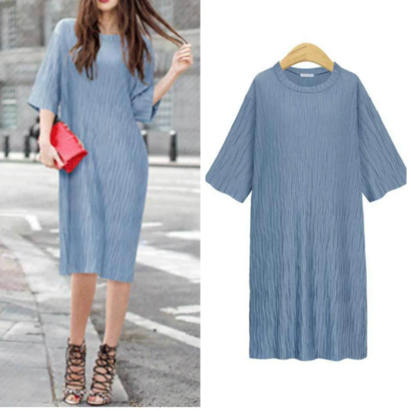 

Summer Loose Midi Dress Women Basic Style Solid Round Neck Casual Baggy Long Tops T Shirt Dress Blue Black Khaki