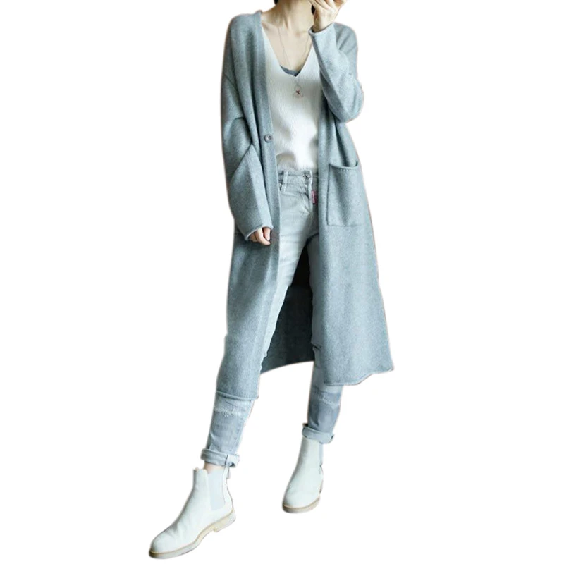 

Hot 2018 spring and autumn cashmere cardigan sweater long coat v neck computer knitting full sleeve ladies loose and comfortable