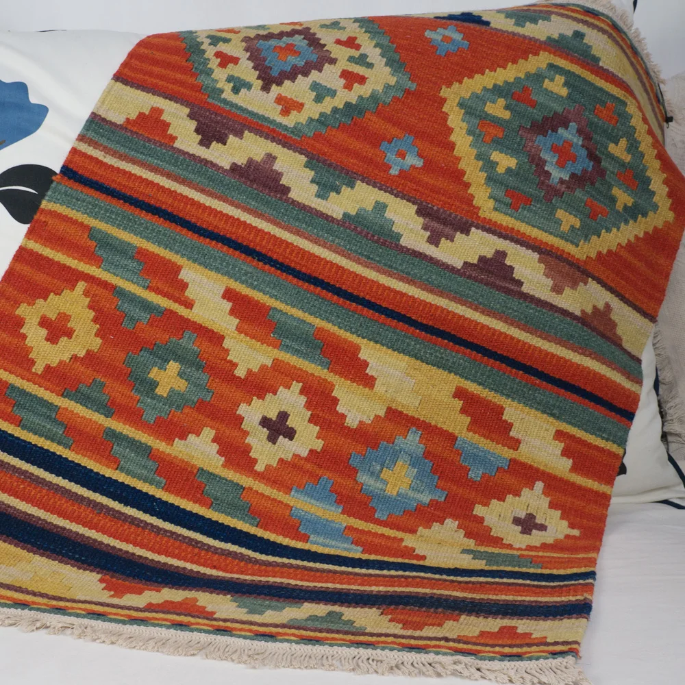 100 Wool Handmade Woven Orange Kilim Carpet Turkish Ethnic Pattern Rug