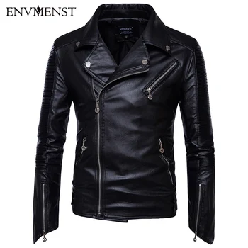 

Envmenst Motorcycle Leather Jacket Men Turn Down Collar Zipper Men's Autumn Irregular Cuffs Leather Jackets Plus Size 5XL