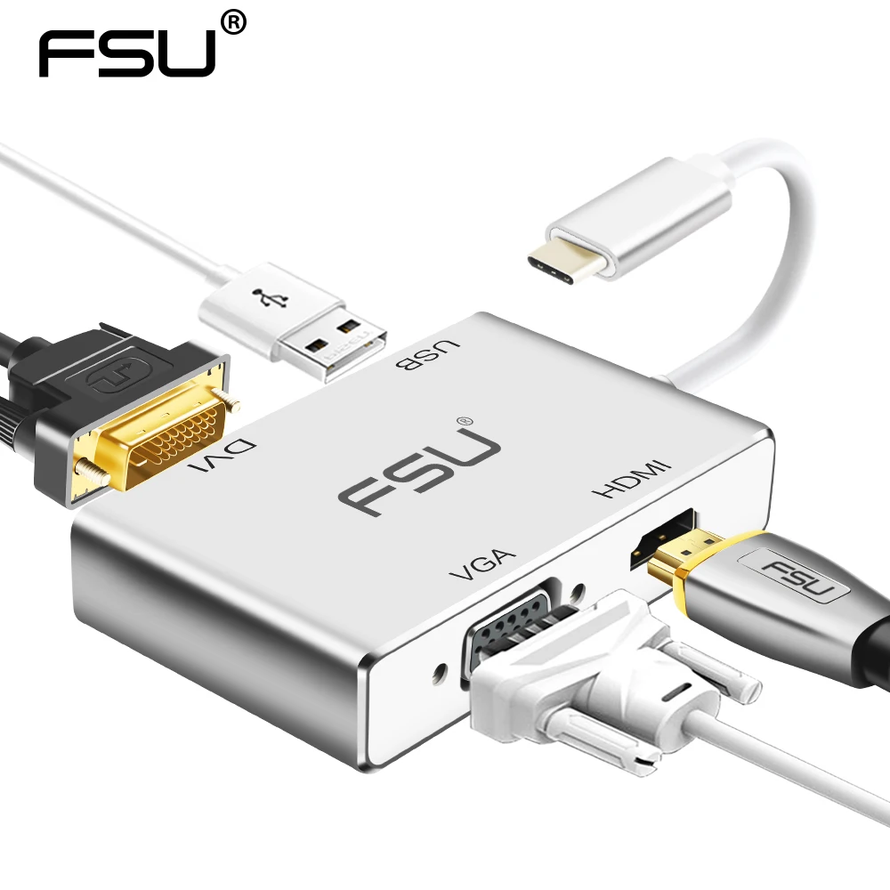 4в1 USB type-c к VGA DVI-I конвертер USB C к HDMI 1080P HD USB 3,0 концентратор адаптер для Macbook планшет монитор ноутбука