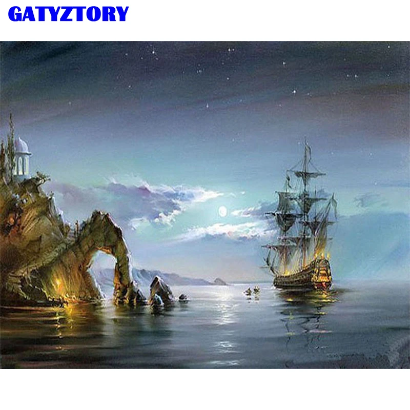 

Frameless Sailing Boat Seascape DIY Painting By Numbers Acrylic Wall Art Picture Hand Painted Oil Painting For Living Room Gift