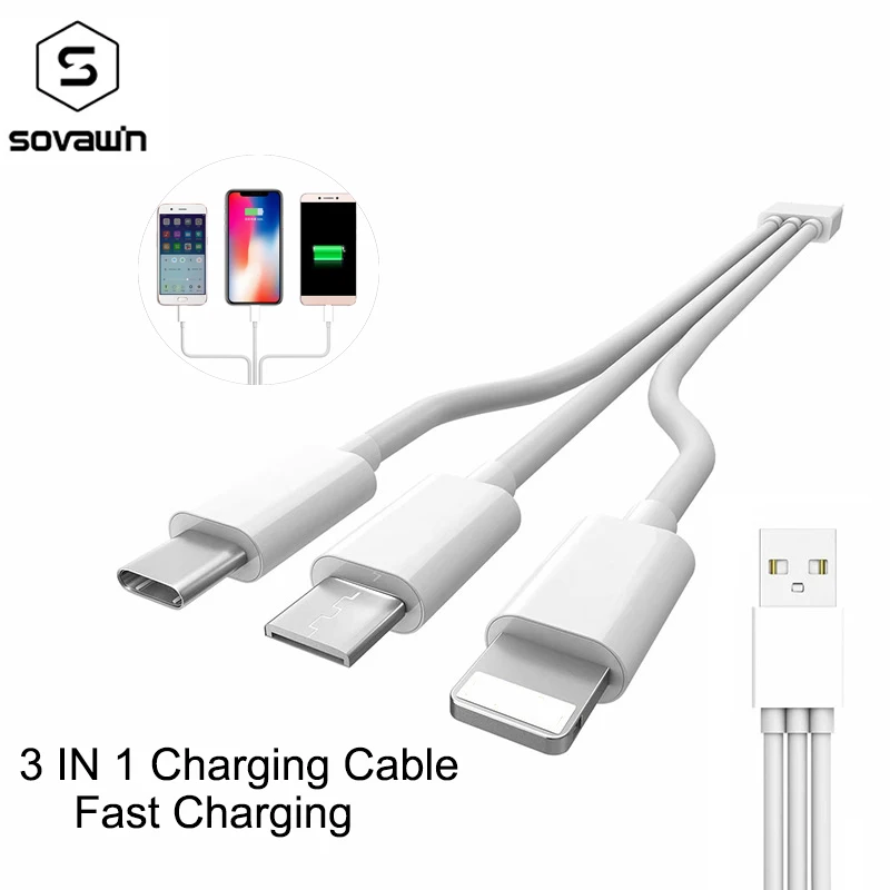 

Sovawin 3 IN 1 USB Cable Fast Charging For iPhone 7 XS Android Micro USB Type C Charger Cord Mobile Phone Cables for Samsung S9