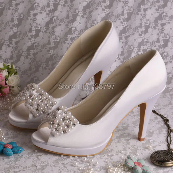 Top Quality Pumps Peep Toe Wedding Shoes High Heel Ivory Heels With Pearl Free Shipping Dropship
