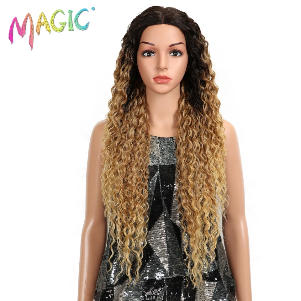 MAGIC Hair Kinky Curly Glueless High Temperature Fiber Hair 32 Inch Natural Blonde Synthetic Lace Front Wigs For Black Women
