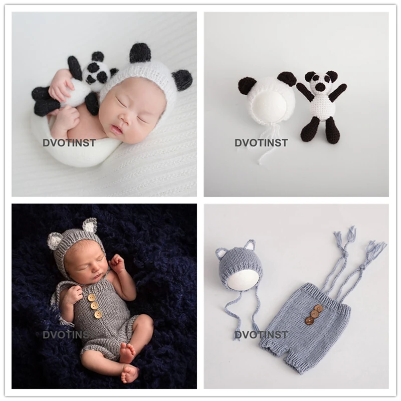Dvotinst Baby Newborn Photography Props Panda Fox Hat+Doll 2pcs Set Crochet Knit Fotografia Accessories Studio Shoots Photo Prop | Детская
