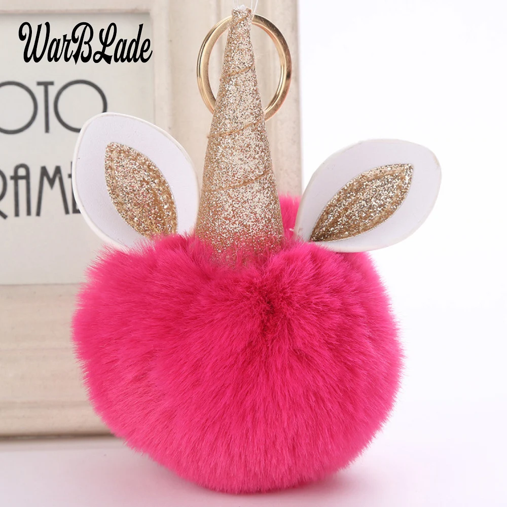 WBL Cute Fluffy Unicorn Key Chain Fashion Artificial Fox Fur Pompom Ball unicorn Keychain Porte Clef Women Bag Car Keyring