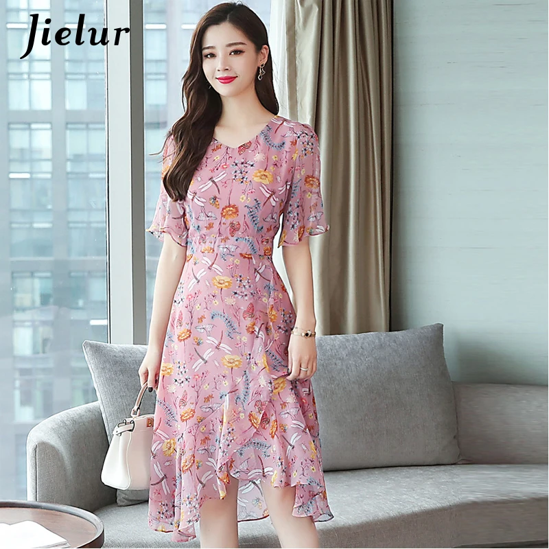 

Jielur Irregular Chiffon Dress Women Short Sleeve Summer Korean Floral Print Blue Pink Sweet Ruffles Midi Dress Elegant Vestidos