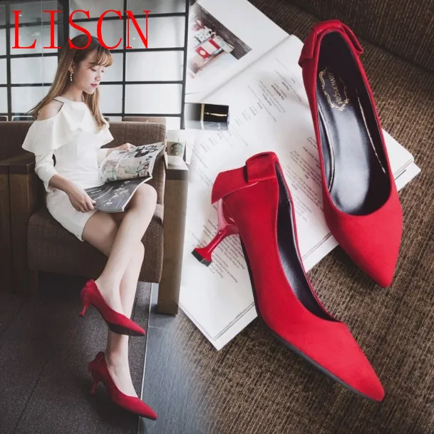 

2018 summer new matte leather cat with high heels stiletto pointed small leather shoes bow red with women's single shoes e150 6