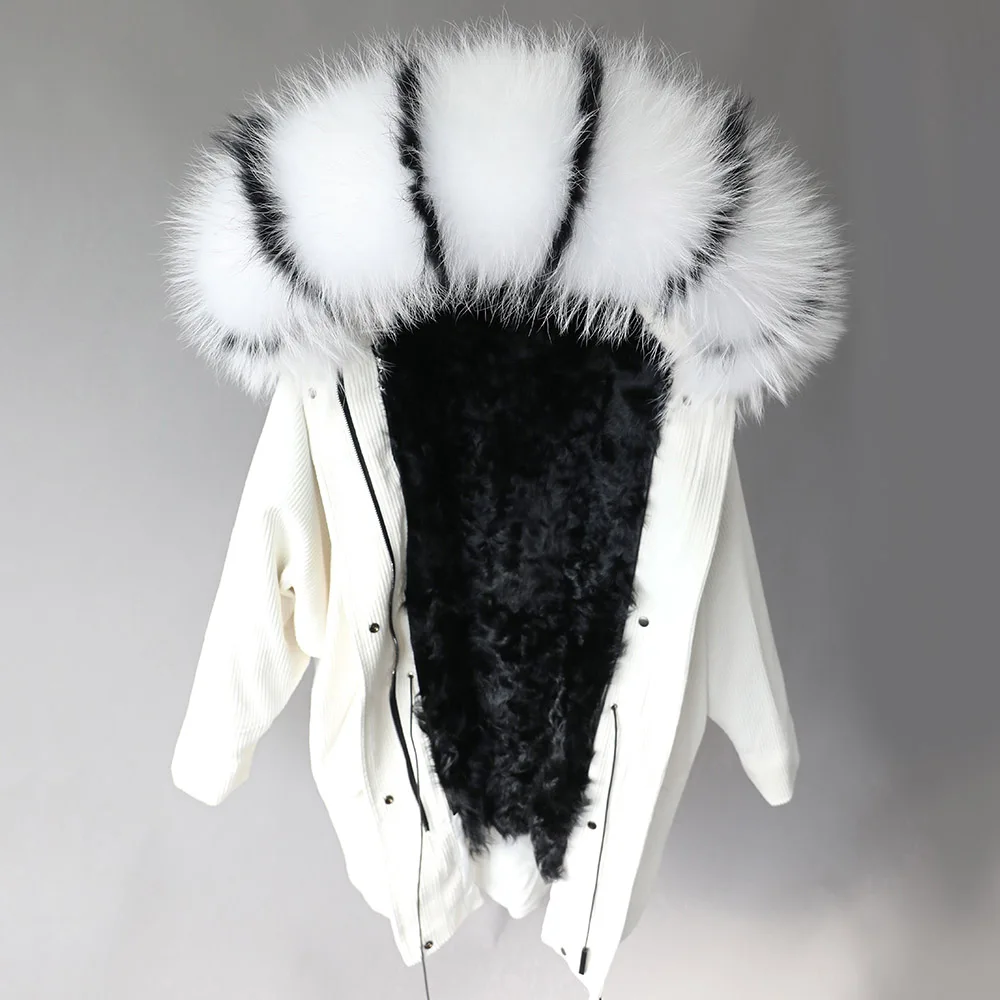 Зимняя куртка с подкладкой из натурального кроличьего меха, Женская парка, меховое пальто, вельвет, воротник из натурального меха енота, теплые длинные парки - Цвет: Raccoon  collar -11