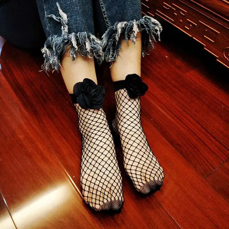 JMS Kasenbely/женские шелковые носки с кристаллами; женские носки в клетку; прозрачные сексуальные короткие носки с цветочным рисунком; женские пикантные носки - Цвет: BLACK