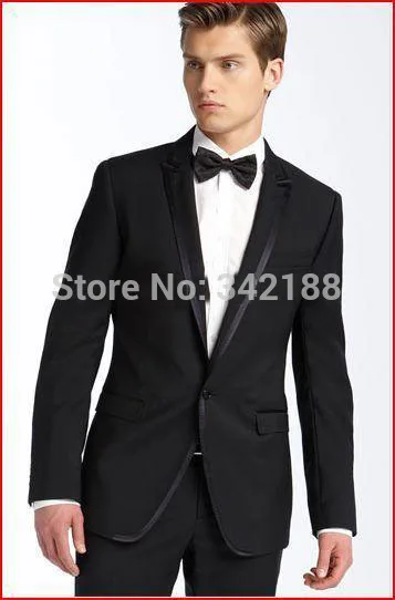 2015 FREE shipping Custom Made One Button Black Groom Tuxedos/Peak Lapel Best Man Groomsmen Men Wedding Suits/Bridegroom suitswe