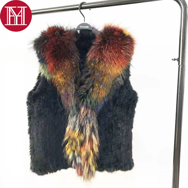 2021 New Style High Quality Women Fur Vest 100% Real Natural Rabbit Knitted Fur Gilet With Big Colorful Raccoon Fur Collar Coat