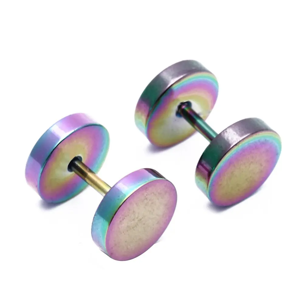 Pair Men's Titanium Steel Barbell Stud Earrings Gothic Rainbow 8mmin