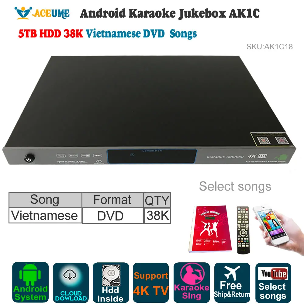 5 ТБ HDD 37 K вьетнамские песни, Android караоке плеер/Jukebox, AK1C18, бесплатное Облачное загрузка, YOUTUBÊ, домашний KTV поют