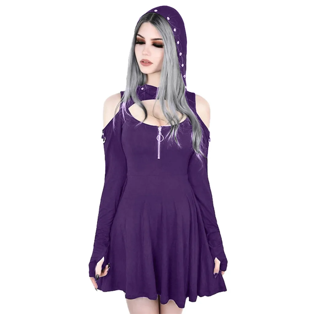 

JAYCOSIN Women's Fashion Gothic Pure Color Hooded Low Cut Cold Shoulder Zippe Mini Dress Youth Dazzling Dark Street Series