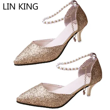 

LIN KING Fashion Pearl Women High Heel Sandals String Bead Sexy Thin Heels Summer Shoes Pointed Toe Lady Office Work Sandalias