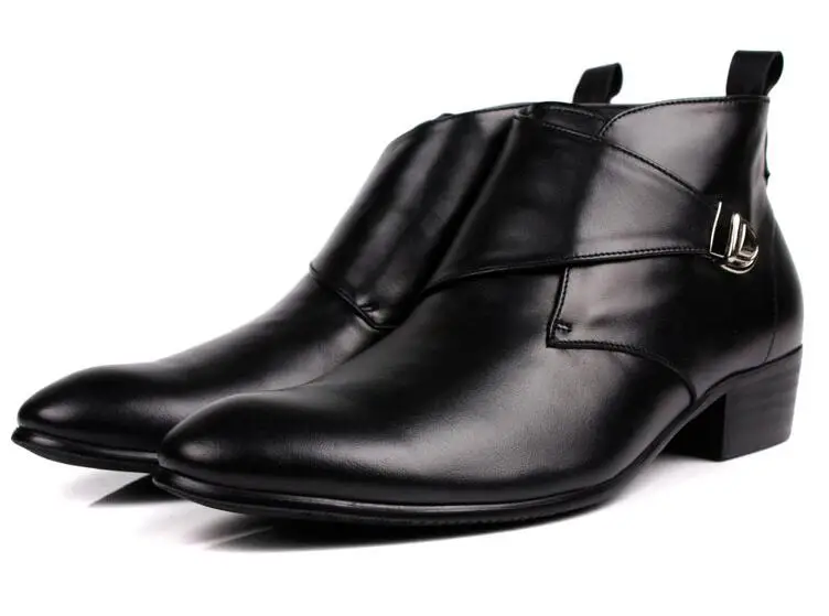 Ankle boots men slip on chunky high heels dress shoes pointed toes