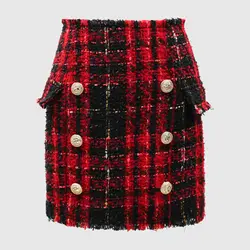 Новая Мода Взлетно посадочной полосы 2019 барокко дизайнерская юбка женская Лев пуговицы цвета твидовый в клетку шерсть мини юбка