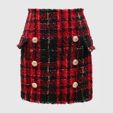 Lion Buttons Plaid Tweed Wool Mini Skirt