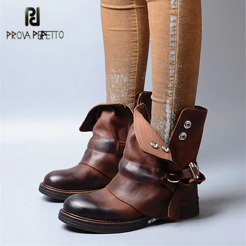 

Prova Perfetto British Ankle Boots for Women Round Toe Female Genuine Leather Rubber Riding Boots Platform Straps Botas Mujer