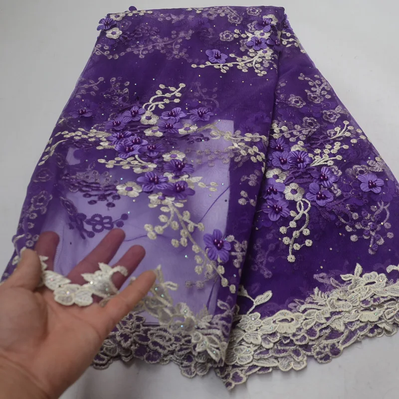 

(5yards/pc) high quality African tulle lace fancy embroidered French net lace fabric with 3D flowers and beads for party FLP110