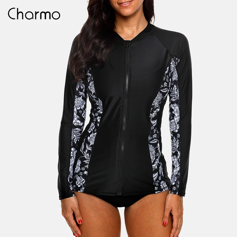 Charmo النساء سحاب أكمام طويلة Rashguard الأزهار طباعة الاندفاع الحرس ملابس تصفح أعلى طفح الحرس قمصان للجري UPF50 +