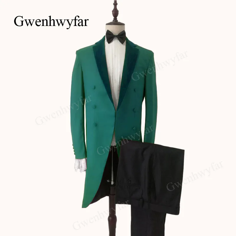 

Gwenhwyfar Dark Green Velvet Lapel Tail Coat Tuxedos 2019 Winter New Design Lace Sleeve Wedding Suits For Men Magic Show Costume
