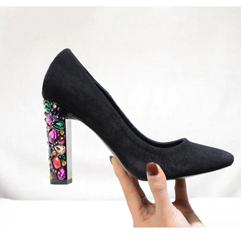 

Colorful Crystal High Heels Pointed Toe Wedding Shoes Women Fashion Pumps New Shiny Sapato Feminino Chunky Heel Zapatos De Mujer