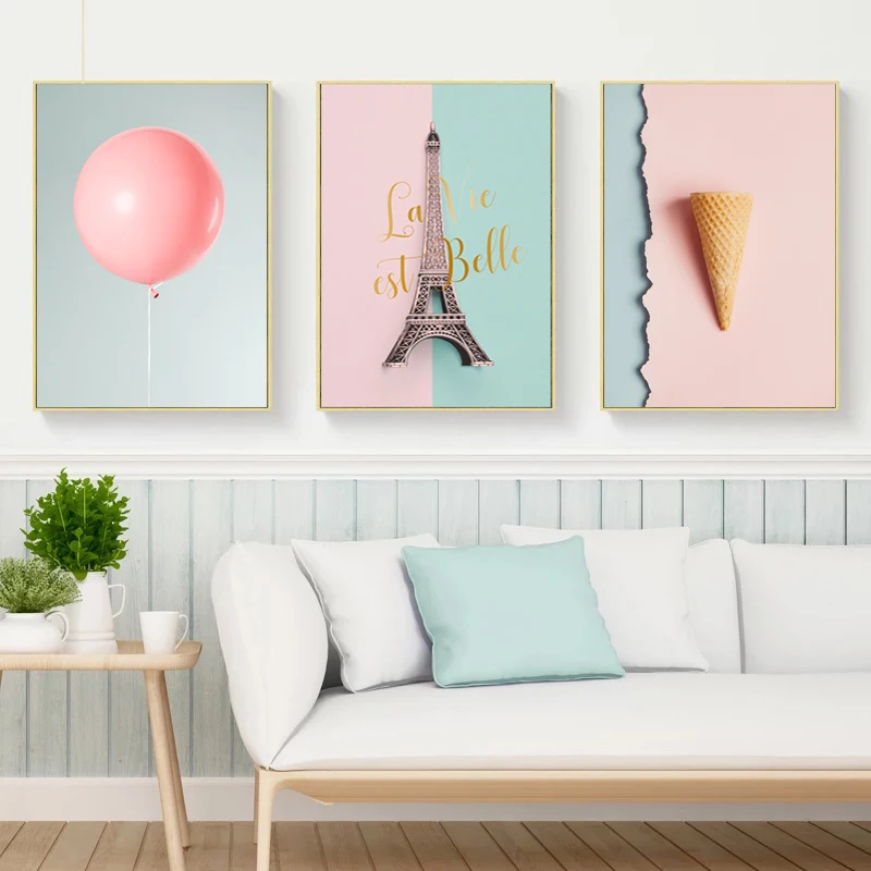 

Nordic Blue Poster Pink Canvas Prints Balloon Abstract Painting Paris Tower Posters And Prints Wall Art Canvas Prints Unframed