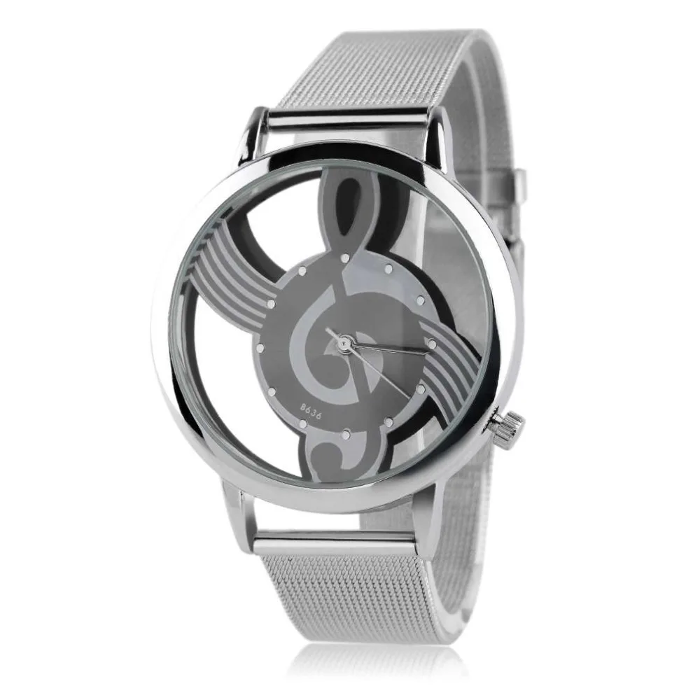 

Creative Fashion Design Unisex Watches Hollow Out Music Note Pattern Stainless Steel Mesh Strap Analog Quartz Wristwatch
